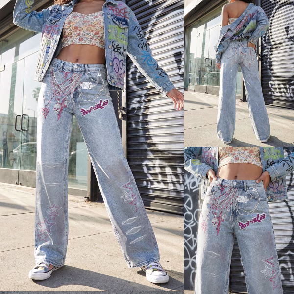 Rhinestone Chain Skull Star Printed Denim Jeans collection product photo
