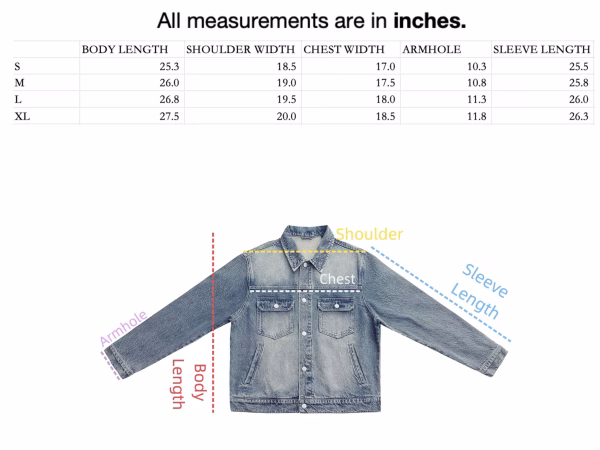 Size guide for "Paint The Loud Art" Graffiti Butterfly Denim Jacket