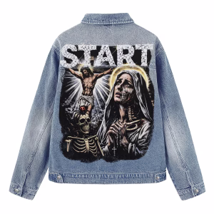 "Gothic Madonna" Crucifixion & Skull Mary Diamond Text Light Denim Jacket by JR JEANIUS WEAR