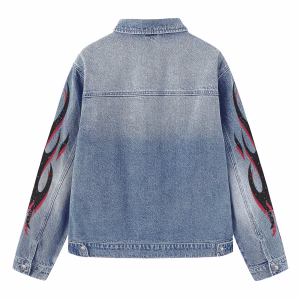 “Selfmade Rebel” Graffiti Collage & Tribal Flame Light Denim Jacket
