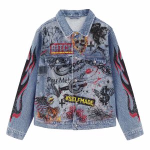 "Selfmade Rebel" Graffiti Collage & Tribal Flame Light Denim Jacket by JR JEANIUS WEAR