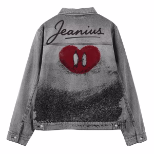 "Love in the Shadows" Spray Heart & Silhouette Grey Denim Jacket by JR JEANIUS WEAR