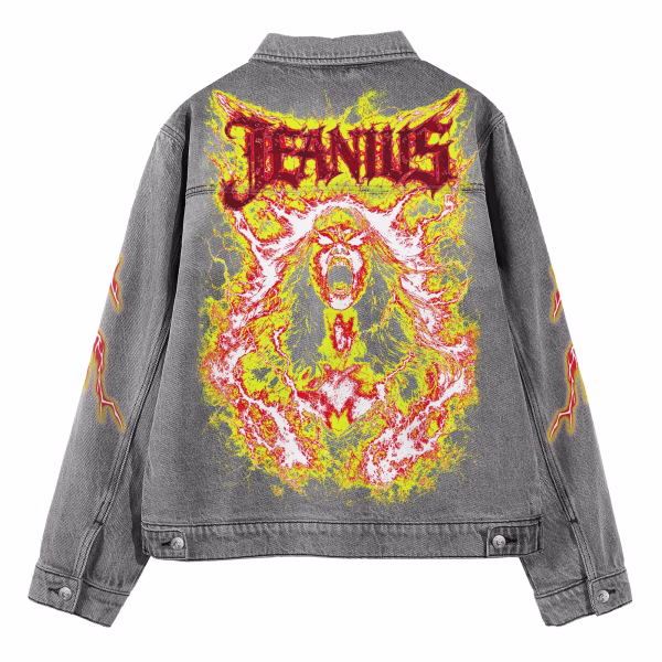 "Hellfire Siren" Heavy Metal Flame & Lightning Grey Denim Jacket by JR JEANIUS WEAR