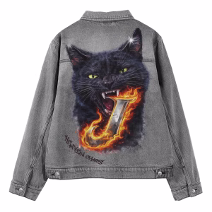 "Heaven Chaos"Black Cat & Derpy Kitten Grey Denim Jacket by JR JEANIUS WEAR
