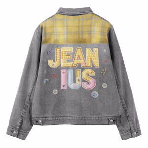 “Preppy Rebel” Faux Tied Sweater & Patchwork Logo Grey Denim Jacket