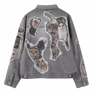 "Meme Chaos" Ripped Paper Cat Collage Grey Denim Jacket by JR JEANIUS WEAR