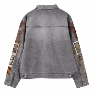 “Wild Memories” Polaroid Collage & Tiger Stripe Grey Denim Jacket