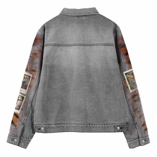 "Wild Memories" Polaroid Collage & Tiger Stripe Grey Denim Jacket jackets product photo
