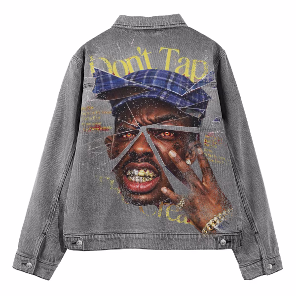 "Shattered Icon" Hip-Hop Portrait & "Don't Tap" Grey Denim Jacket by JR JEANIUS WEAR