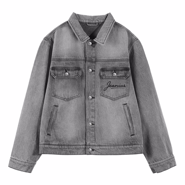 "Love in the Shadows" Spray Heart & Silhouette Grey Denim Jacket jackets product photo