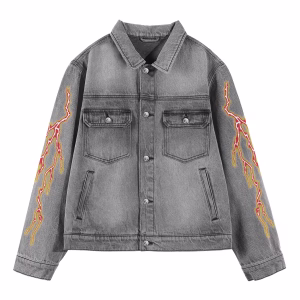 “Hellfire Siren” Heavy Metal Flame & Lightning Grey Denim Jacket