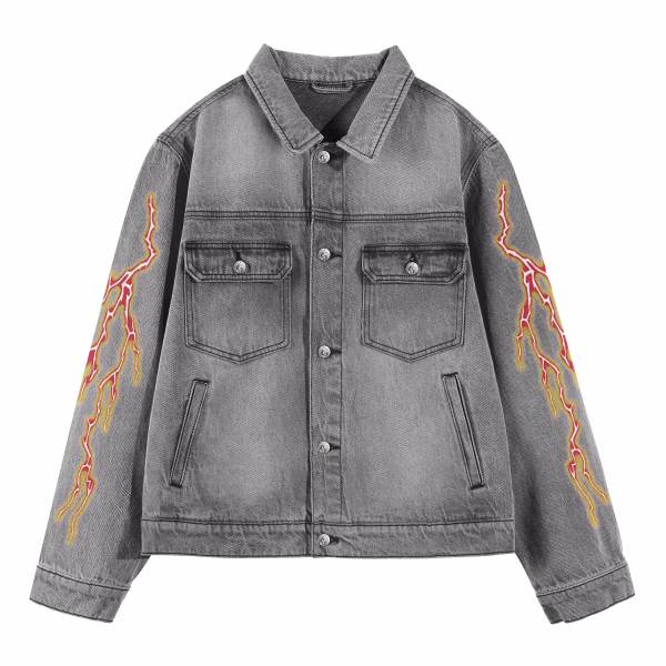 "Hellfire Siren" Heavy Metal Flame & Lightning Grey Denim Jacket jackets product photo