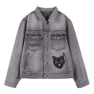 “Heaven Chaos”Black Cat & Derpy Kitten Grey Denim Jacket