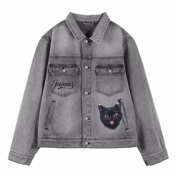 "Heaven Chaos"Black Cat & Derpy Kitten Grey Denim Jacket jackets product photo