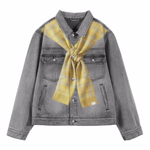 "Preppy Rebel" Faux Tied Sweater & Patchwork Logo Grey Denim Jacket by JR JEANIUS WEAR