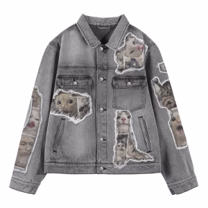 “Meme Chaos” Ripped Paper Cat Collage Grey Denim Jacket