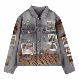 "Wild Memories" Polaroid Collage & Tiger Stripe Grey Denim Jacket by JR JEANIUS WEAR