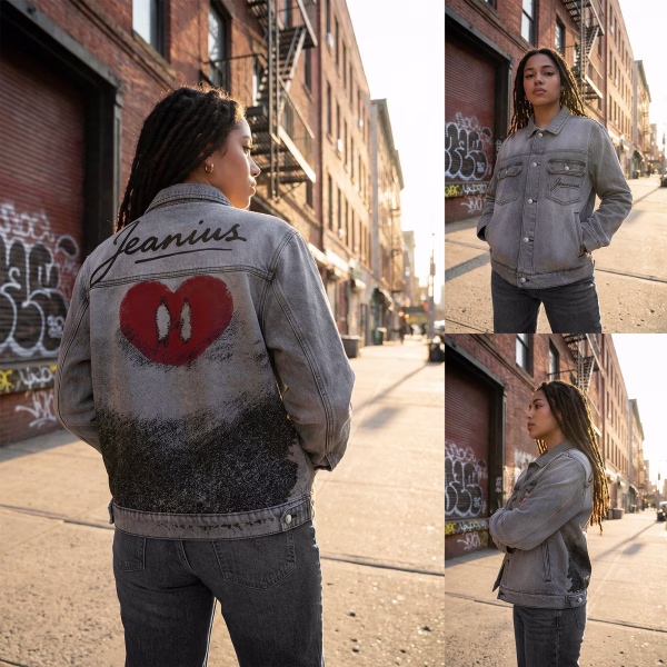 "Love in the Shadows" Spray Heart & Silhouette Grey Denim Jacket jackets product photo