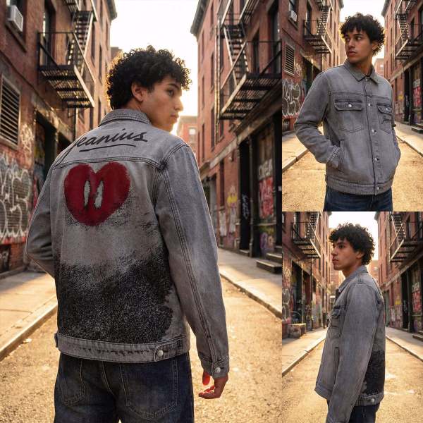 "Love in the Shadows" Spray Heart & Silhouette Grey Denim Jacket jackets product photo