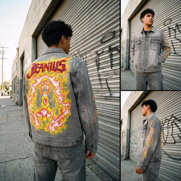 "Hellfire Siren" Heavy Metal Flame & Lightning Grey Denim Jacket jackets product photo