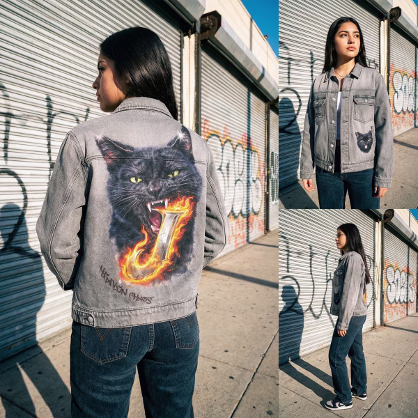 "Heaven Chaos"Black Cat & Derpy Kitten Grey Denim Jacket jackets product photo