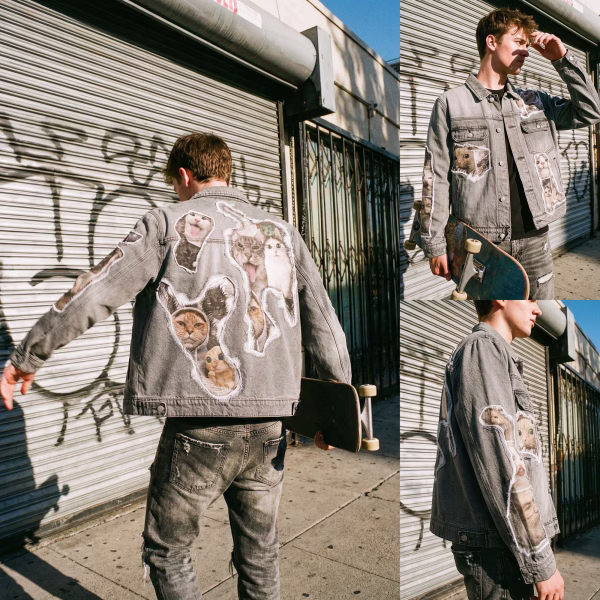 "Meme Chaos" Ripped Paper Cat Collage Grey Denim Jacket jackets product photo