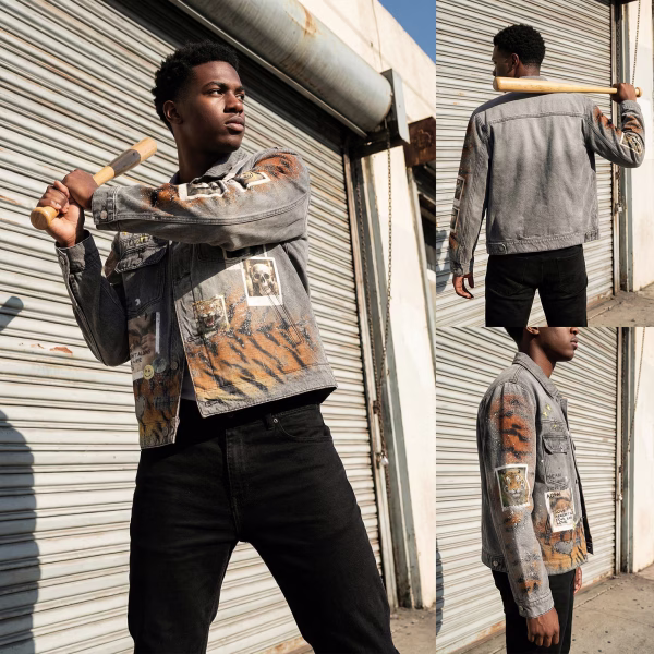 "Wild Memories" Polaroid Collage & Tiger Stripe Grey Denim Jacket jackets product photo