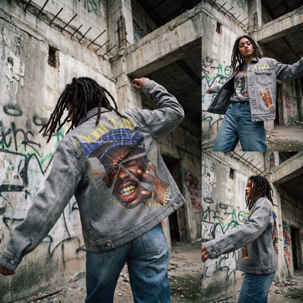 "Shattered Icon" Hip-Hop Portrait & "Don't Tap" Grey Denim Jacket jackets product photo