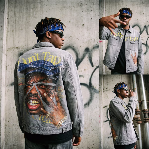"Shattered Icon" Hip-Hop Portrait & "Don't Tap" Grey Denim Jacket jackets product photo