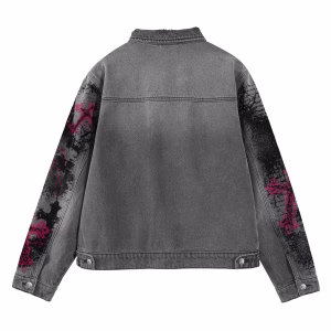 Pink Gothic Cross & Dark Eye Grunge Grey Denim Jacket