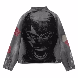 Balaclava & Bandana Patchwork Grey Denim Jacket by JR JEANIUS WEAR