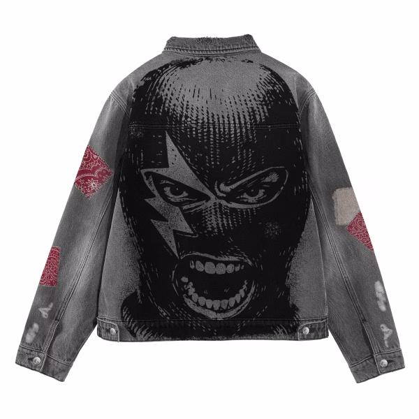 Balaclava & Bandana Patchwork Grey Denim Jacket by JR JEANIUS WEAR