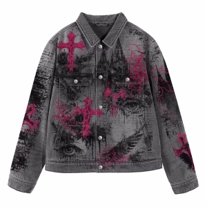 Pink Gothic Cross & Dark Eye Grunge Grey Denim Jacket by JR JEANIUS WEAR