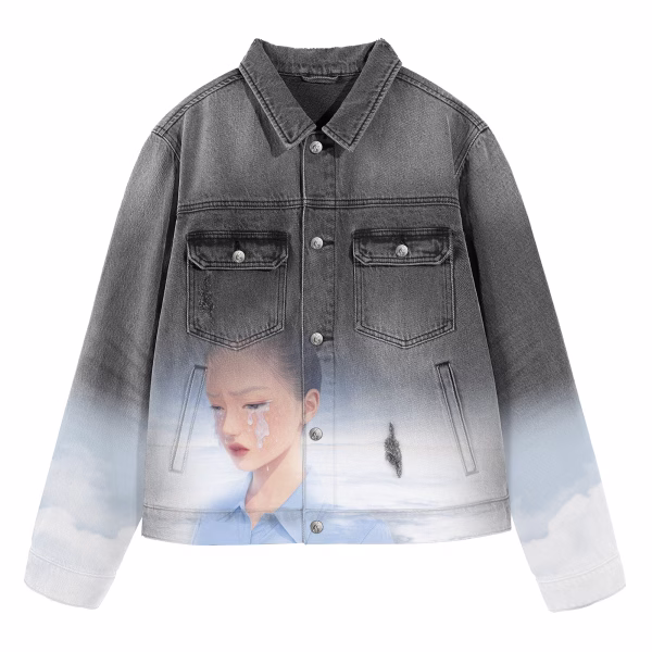 Crying Girl Portrait & Cloud Gradient Grey Denim Jacket by JR JEANIUS WEAR