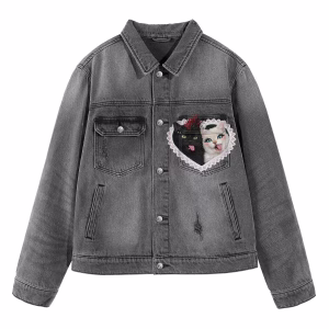 Lace Heart & Mohawk Cats Grey Denim Jacket by JR JEANIUS WEAR