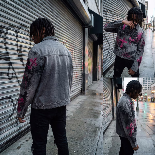 Pink Gothic Cross & Dark Eye Grunge Grey Denim Jacket jackets product photo
