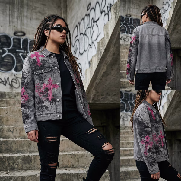 Pink Gothic Cross & Dark Eye Grunge Grey Denim Jacket jackets product photo