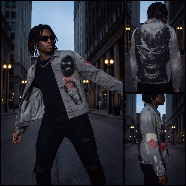 Balaclava & Bandana Patchwork Grey Denim Jacket jackets product photo