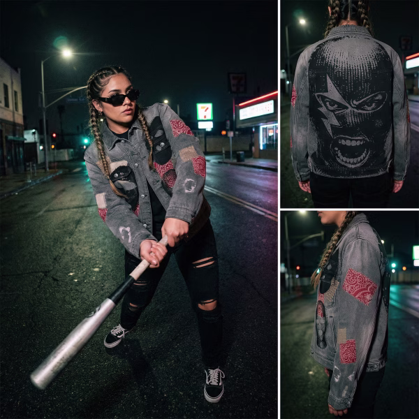 Balaclava & Bandana Patchwork Grey Denim Jacket jackets product photo