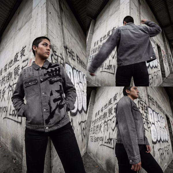 "Fearless Ink" Chinese Calligraphy Brushstroke Grey Denim Jacket jackets product photo