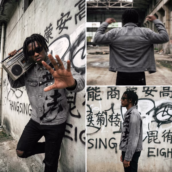"Fearless Ink" Chinese Calligraphy Brushstroke Grey Denim Jacket jackets product photo