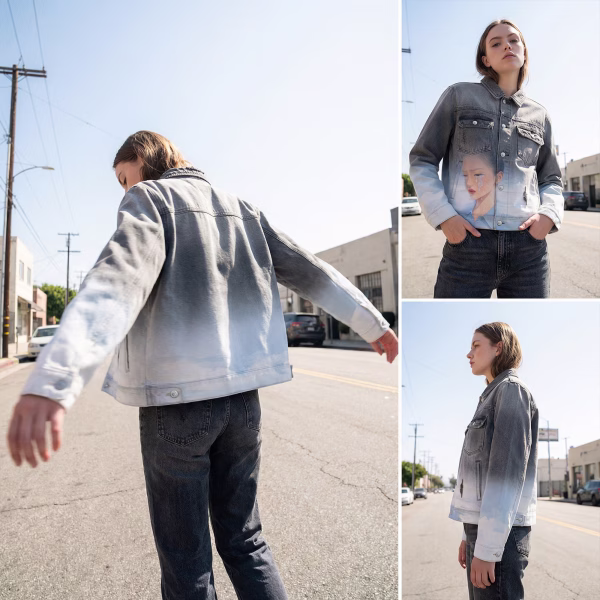 Crying Girl Portrait & Cloud Gradient Grey Denim Jacket jackets product photo