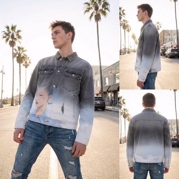 Crying Girl Portrait & Cloud Gradient Grey Denim Jacket jackets product photo