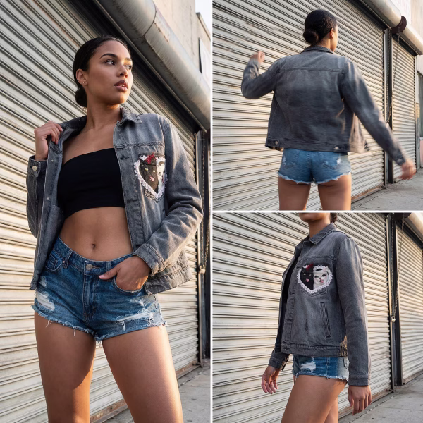 Lace Heart & Mohawk Cats Grey Denim Jacket jackets product photo
