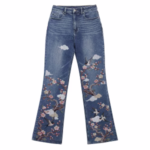 "Oriental Spring" Plum Blossom & Swallow Printed Denim Jeans by JR JEANIUS WEAR