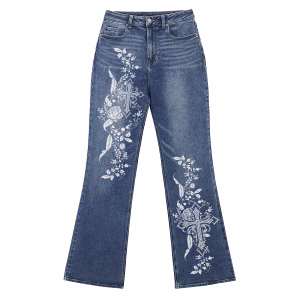 "Gothic Flora" White Cross & Vine Printed Denim Jeans by JR JEANIUS WEAR