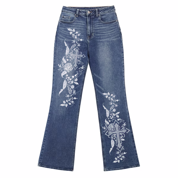 "Gothic Flora" White Cross & Vine Printed Denim Jeans by JR JEANIUS WEAR
