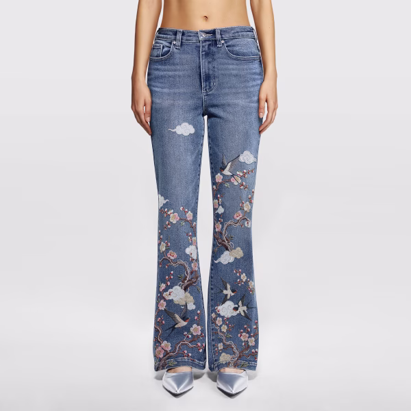 "Oriental Spring" Plum Blossom & Swallow Printed Denim Jeans collection product photo