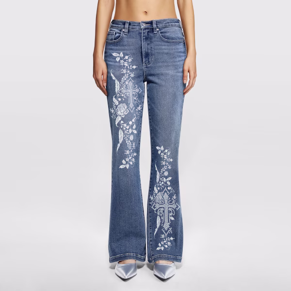 "Gothic Flora" White Cross & Vine Printed Denim Jeans collection product photo