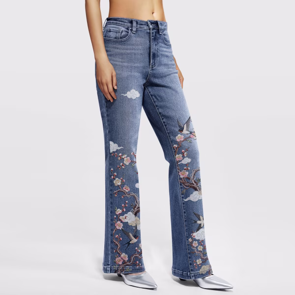 "Oriental Spring" Plum Blossom & Swallow Printed Denim Jeans collection product photo